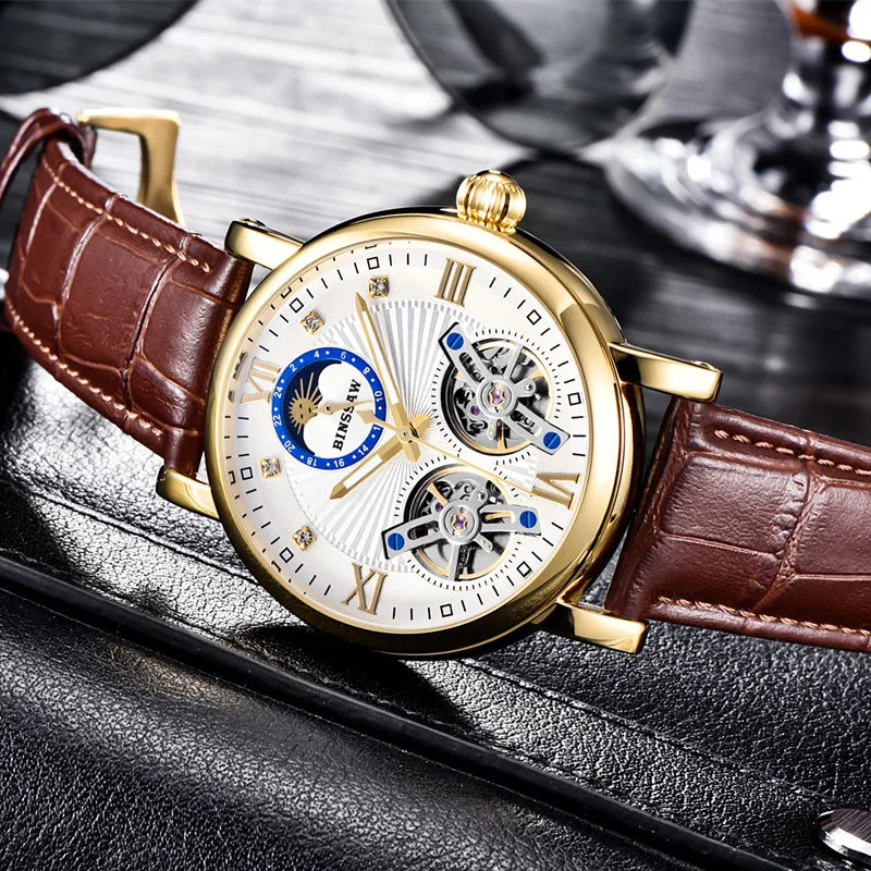 

BINSSAW Men Automatic Mechanical Steel Double Tourbillon Luxury Leather Watch Fashion Business Sports Watches Relogio Masculino