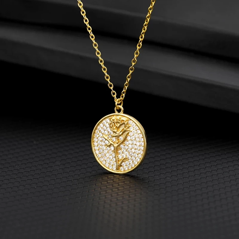 

Goth Rose Flower Coin Pendant Necklaces For Women Zircon Crystal Choker Collares Chain Female Jewelry Christmas Gifts