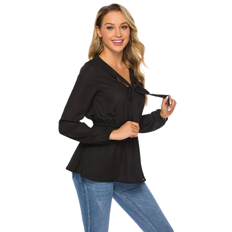 

Летняя блузка, рубашка, Новая модная женская одежда, шифоновые рубашки на шнуровке с вырезом, топы с длинным рукавом, элегантные топы