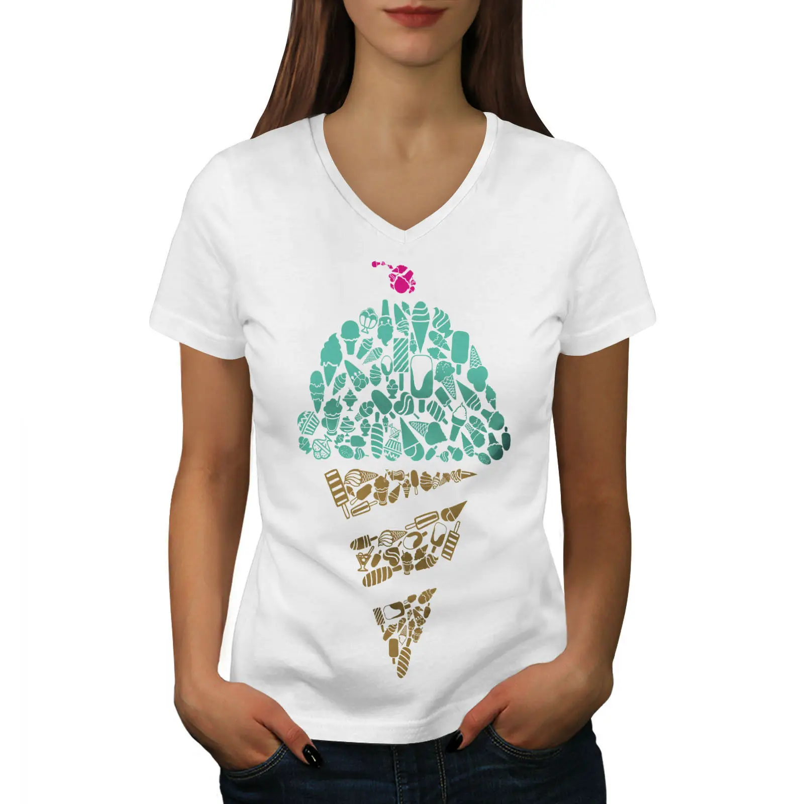 

Ice Cream Art Cold Food Women V-Neck T-shirt NEW