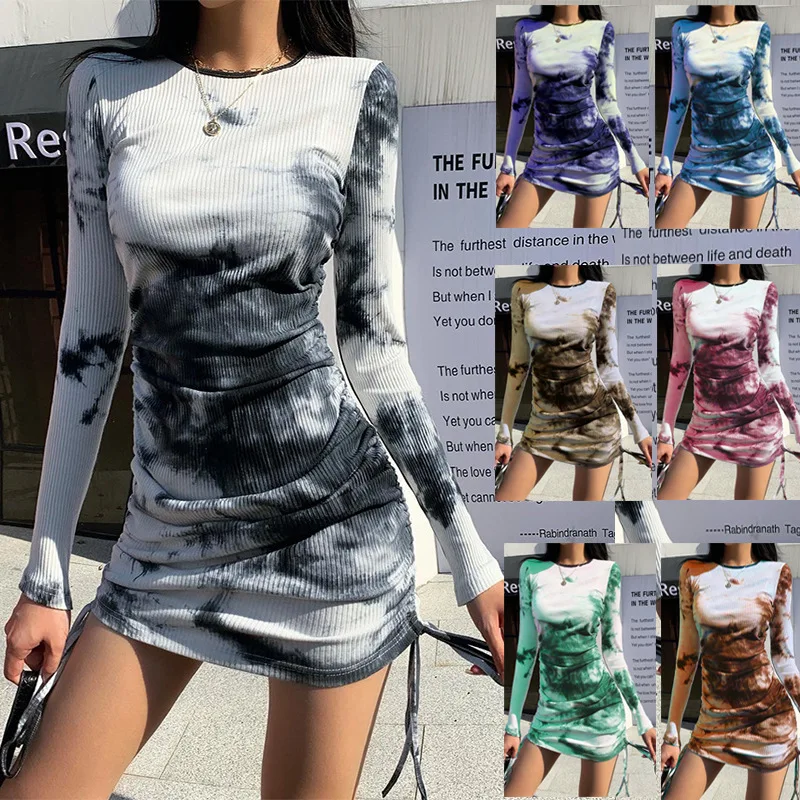 

2020 spring women's new sexy slim tie-dye printing slim long-sleeved pleated dress skirt
