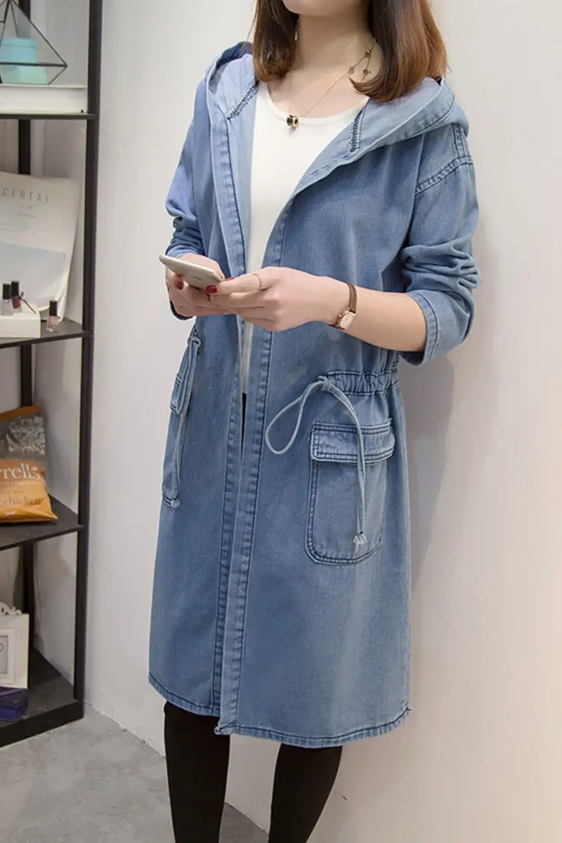 

Plus Size Women's Clothing Denim Jacket Fashion Casual Retro Loose Drawstring Slim Pleated Hooded Windbreaker Jeans 2021
