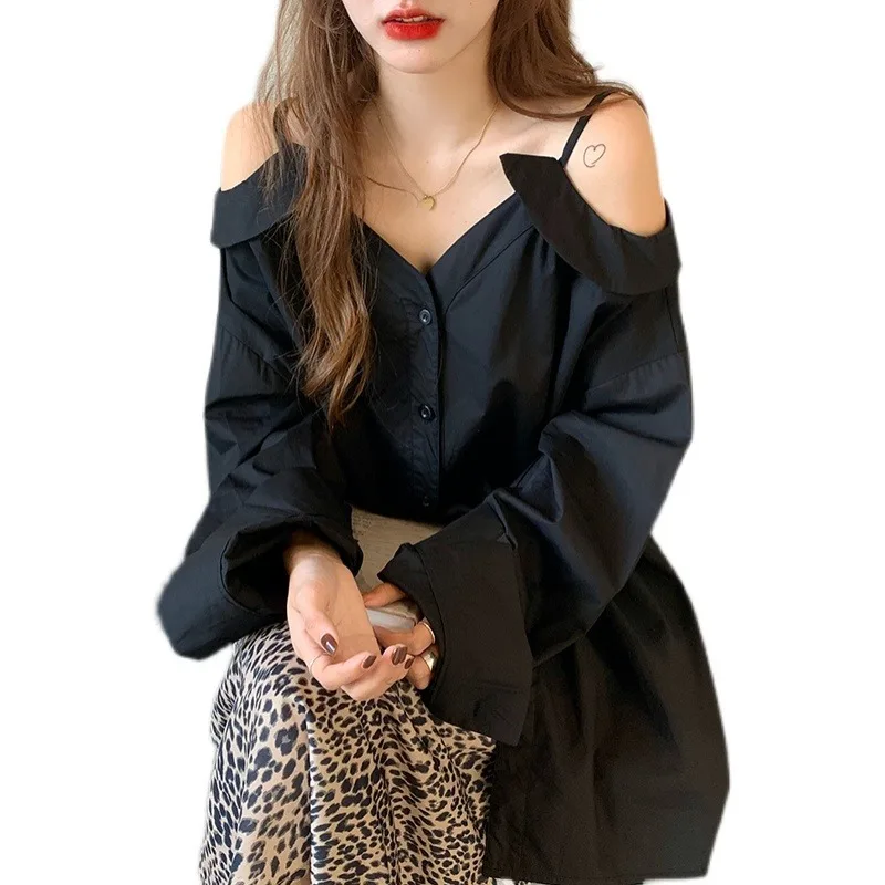 

Sexy Strapless Suspenders Long-Sleeved Shirt Women's Spring Fashionable Slimming Youthful-Looking Design Sense Niche Hong Kong