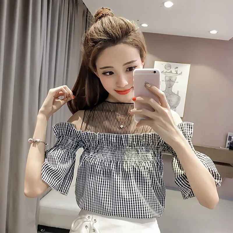 

Blouse Women Chiffon Shirt Off-Neck Mesh Stitching Short-Sleeved Summer Shirt Women's Shirt Blusas Ropa De Mujer