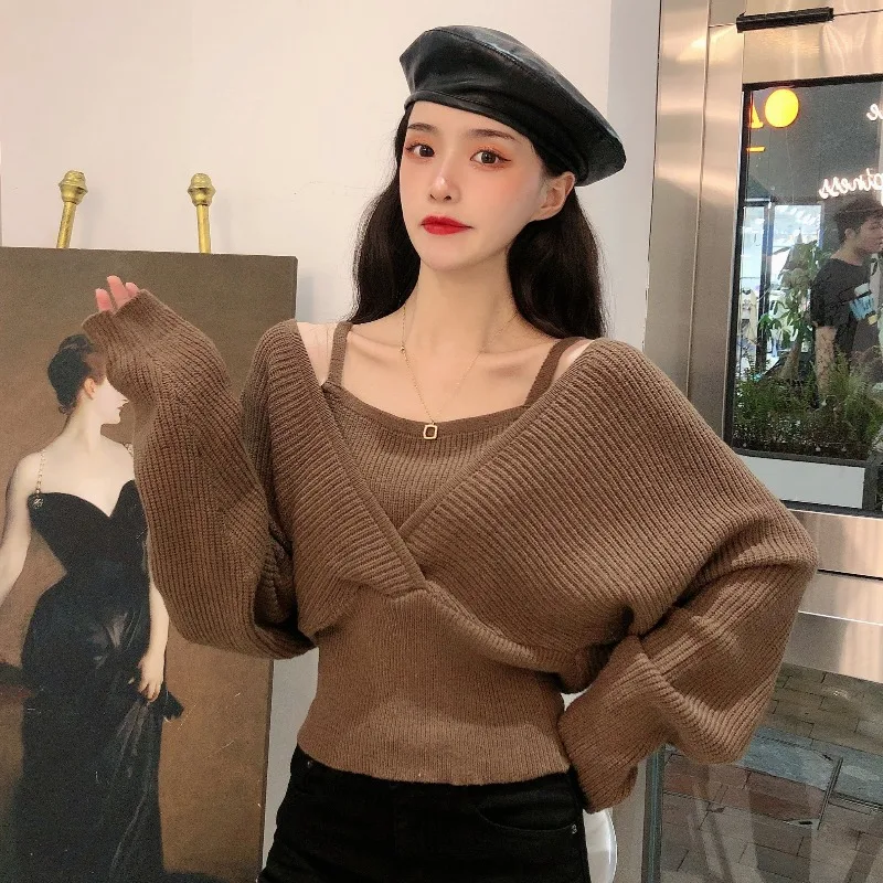 

Fake Two Pieces Japan Style Loose Knitted V-neck Pullovers Ladies Tops Spring Autumn Fall 2021 Women Sweaters Fashion New