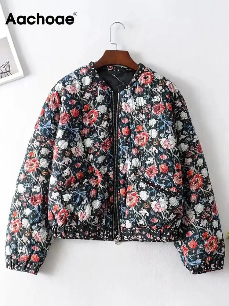 

Aachoae Women Vintage Floral Printed Bomber jacket Basic O Neck Long Sleeve Coats With Pockets Female Fashion Chic Outerwear Top