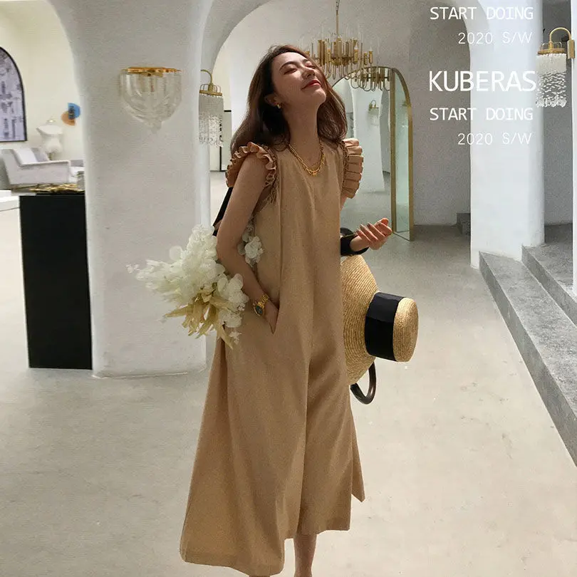 

Retro Wooden Ear Flying Sleeve Jumpsuit Women's Spring Summer 2021 Loose Wide-leg Pants Slim One-piece Nine-point Skirt