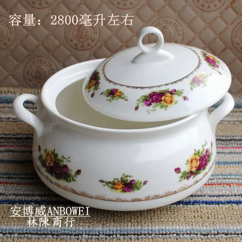 

Jingdezhen bone china tableware platinum rose covered soup pot, soup pot, gilt edged pot, GONGTING pot, ceramic ware, big soup b