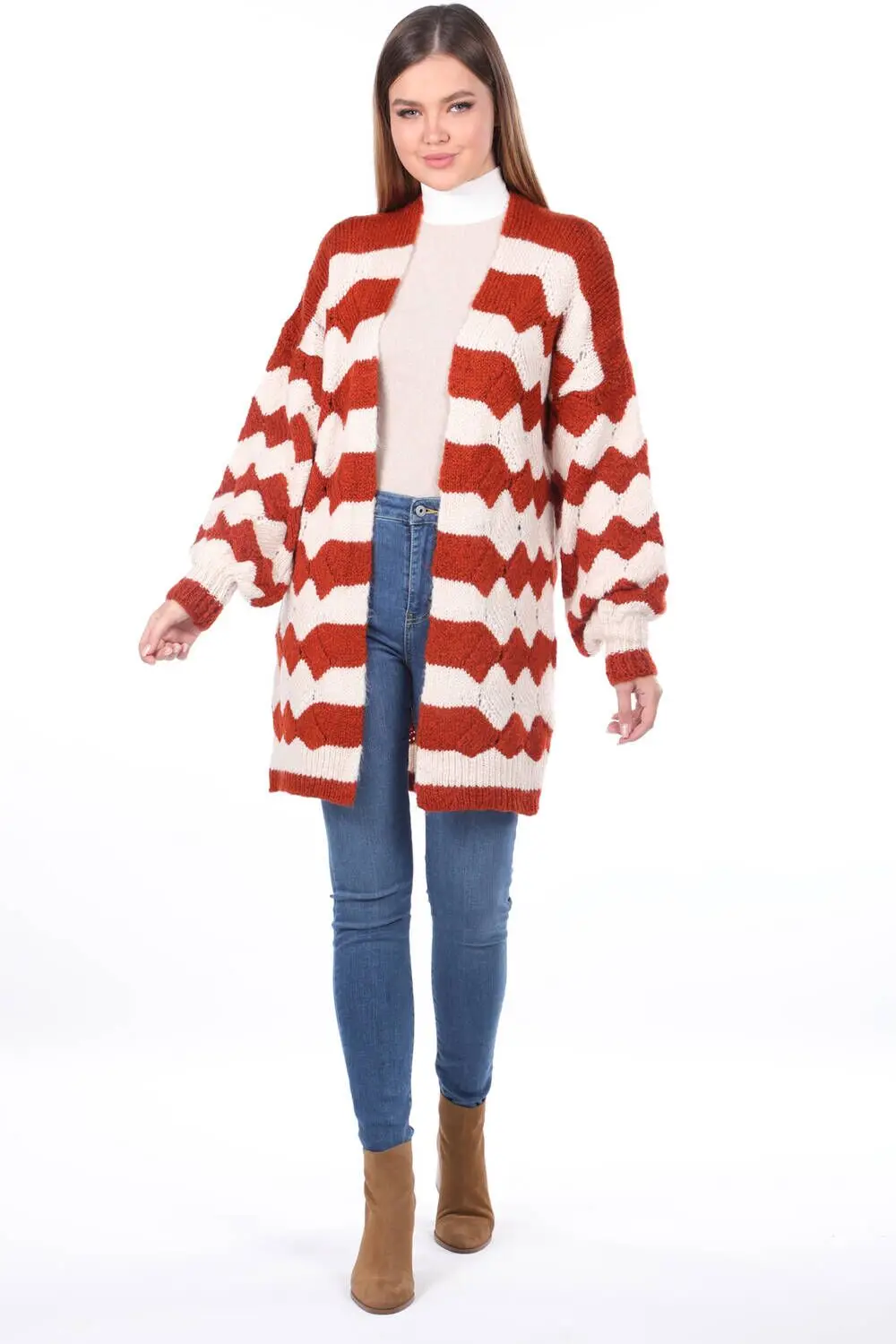 

Zigzag Pattern Puffy Sleeve Tile Womens Knitwear Cardigan