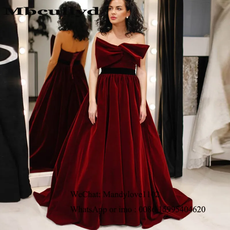 

Mbcullyd Burgundy Velvet Evening Dresses 2020 Strapless Big Bow Formal African Prom Gala Gowns Luxury Black Grils Robe de soiree