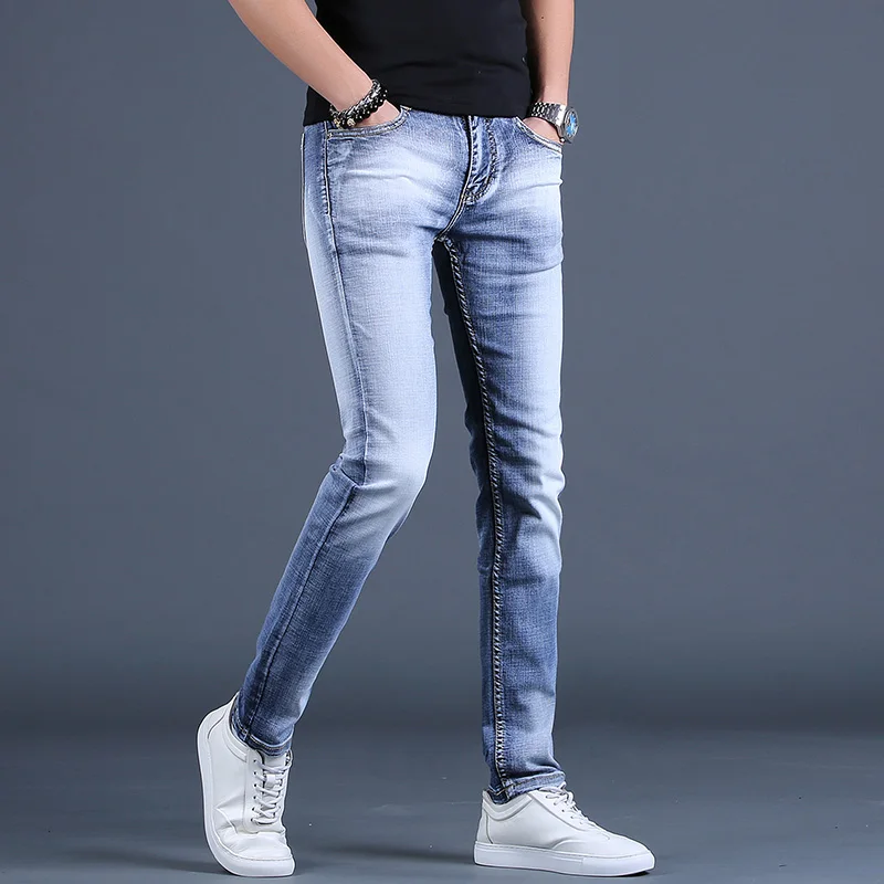 Summer Men Light Blue Stretch Jeans Korean Style Casual Cotton Denim Slim Fit Pencil Pants