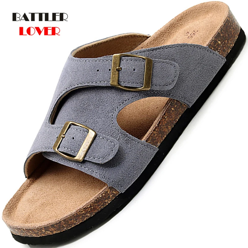 

2021 Fashion Men Beach Soft Cork Slippers Summer Buckle Non-slip Outside Shoes Man High Quality Genuine Cow Leather Slides 38-48