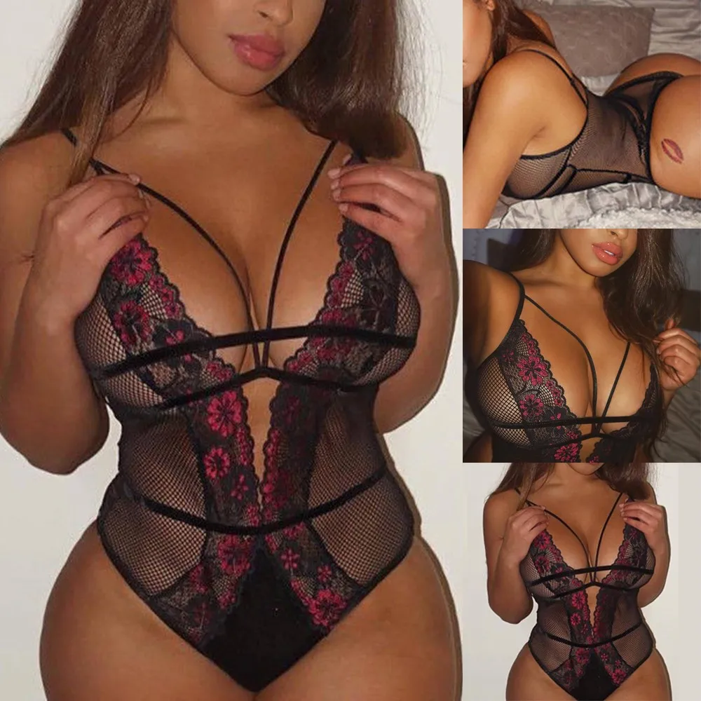 

Summer Sexy Lingerie Bodysuit Women Mesh Lace Floral Embroidery Deep V Neck Erotic Body Underwear One Piece Halter