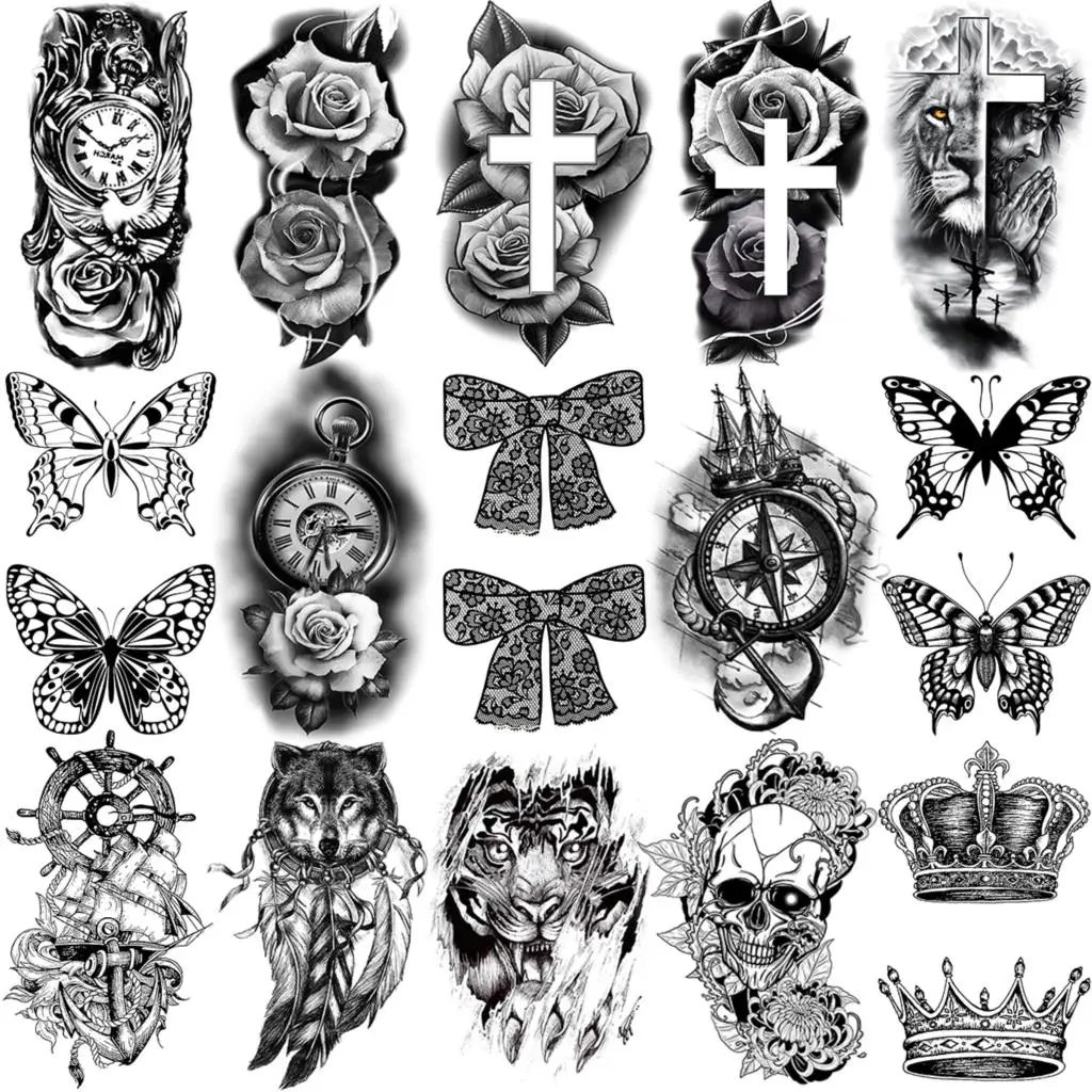 Bow Tiger Lion Flower Temporary Tattoos For Women Adult Men Cross Compass Anchor Crown Skull Fake Tattoo Neck Hands Small Tatoos