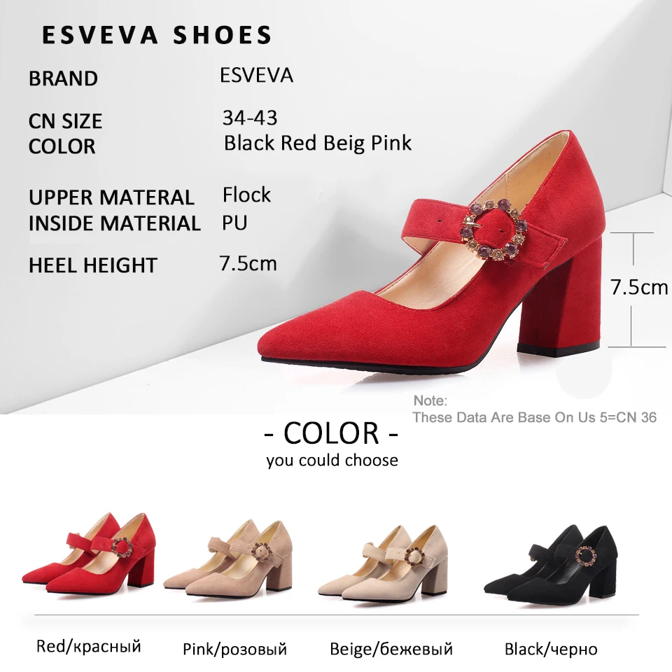 

ESVEVA 2019 Women Pumps Fashion Pointed Toe Slip on Women Shoes Flock Square High Heel Elegant Casual Ladies Pumps Size 34-43
