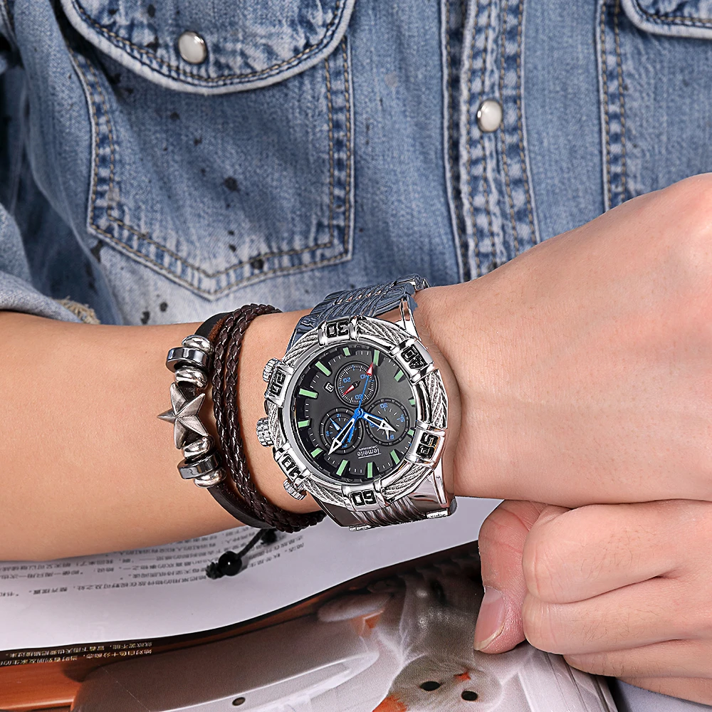 Temeite большой циферблат кварцевые наручные часы золотые синие мужские лучший