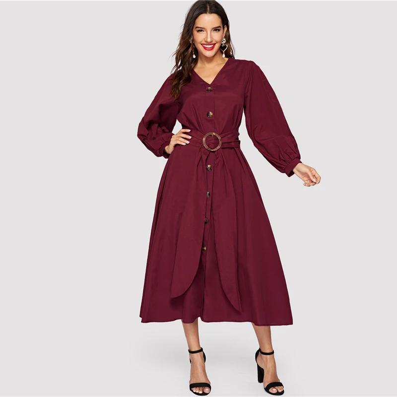 SHEIN Платье На Пуговицах С Поясом Элегантное Платье С V-Образным Вырезом Для Женщин