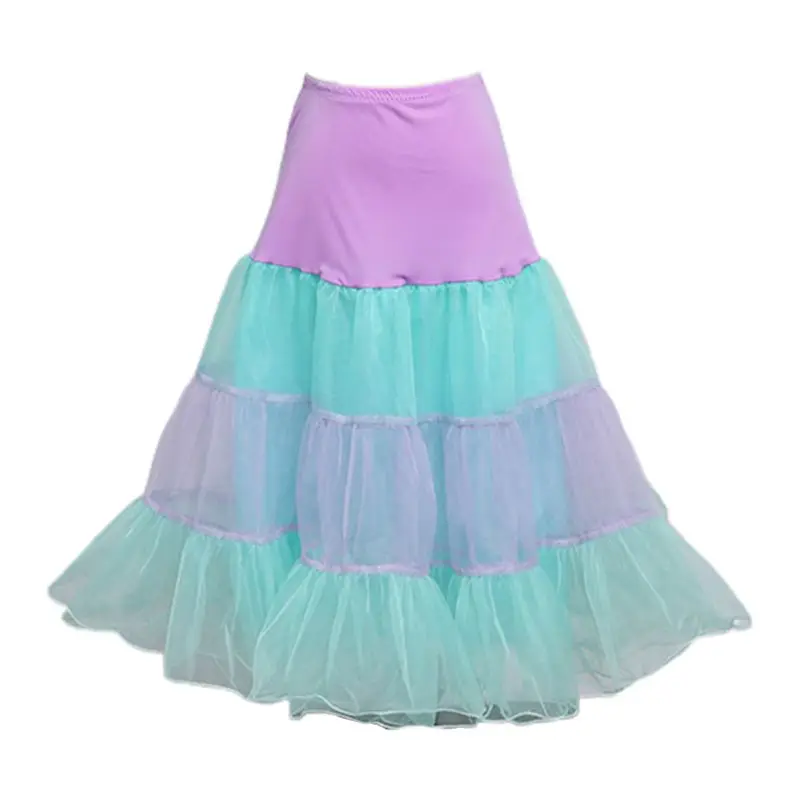 

Womens Contrast Candy Color Stripes Petticoat Pleated Ruffles Midi Long Tulle Tutu Skirt Swing Dance Party Crinoline