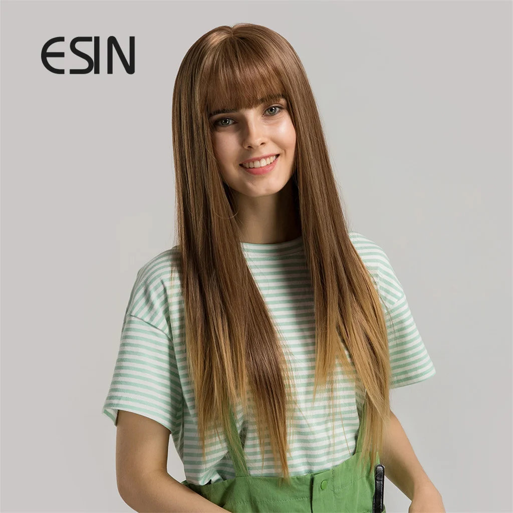 ESIN Blonde Brown Long Straight Wig with Air Bangs Daily Natural Synthetic Wigs for Women Heat Resistant Hair |