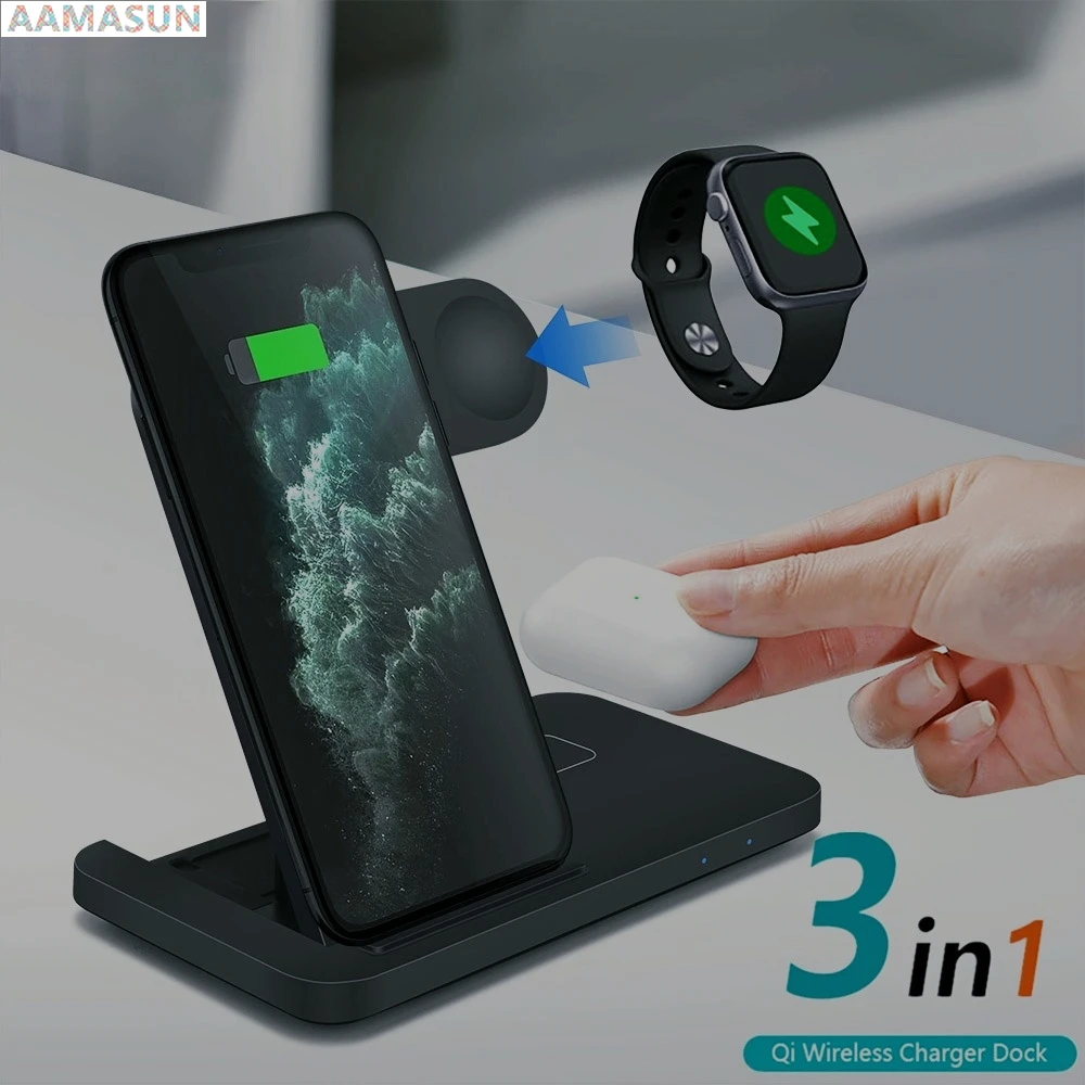 

15W Qi Wireless Charger Stand for iPhone 12 11 XS XR X 8 3 in 1 Fast Charging Dock Station For Apple Watch iwatch 6 SE 5 4 3 2