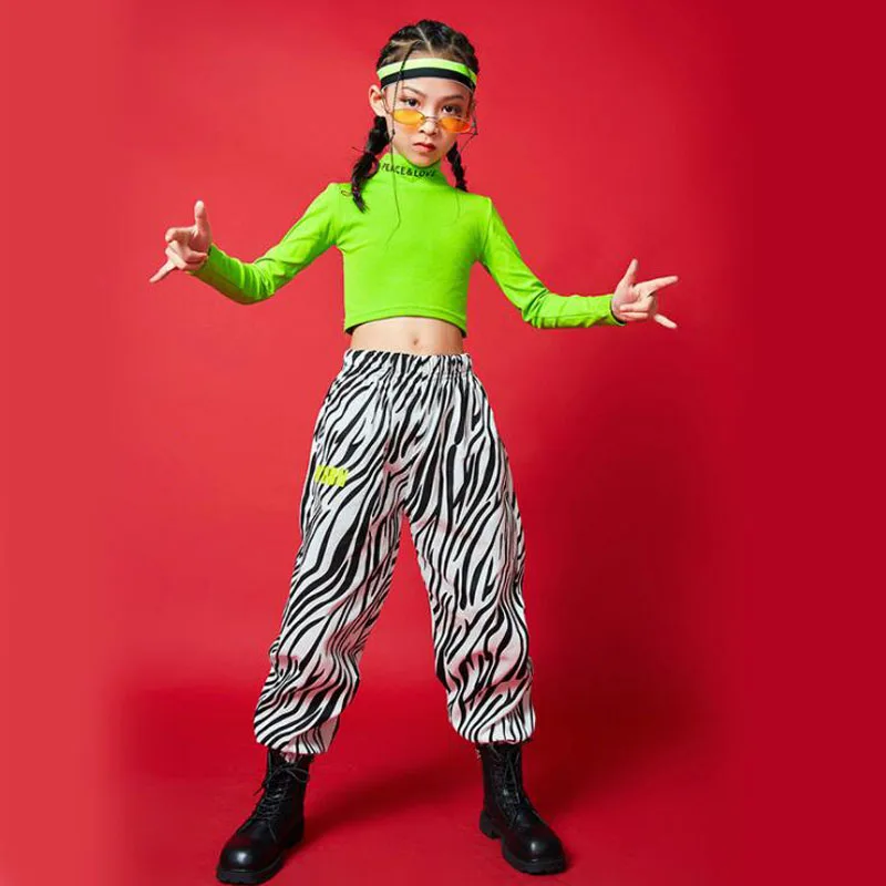 

Крутая Одежда для девочек в стиле хип-хоп, кроп-топы, свитшот, одежда для сцены, брюки-карго с зеброй для детей, костюм для бальных танцев, оде...