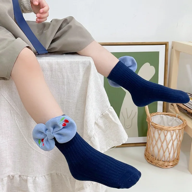 

Autumn Spring 2 Pairs of Socks with Cartoon Cute Solid Color Bows for Girls Aged 1-9