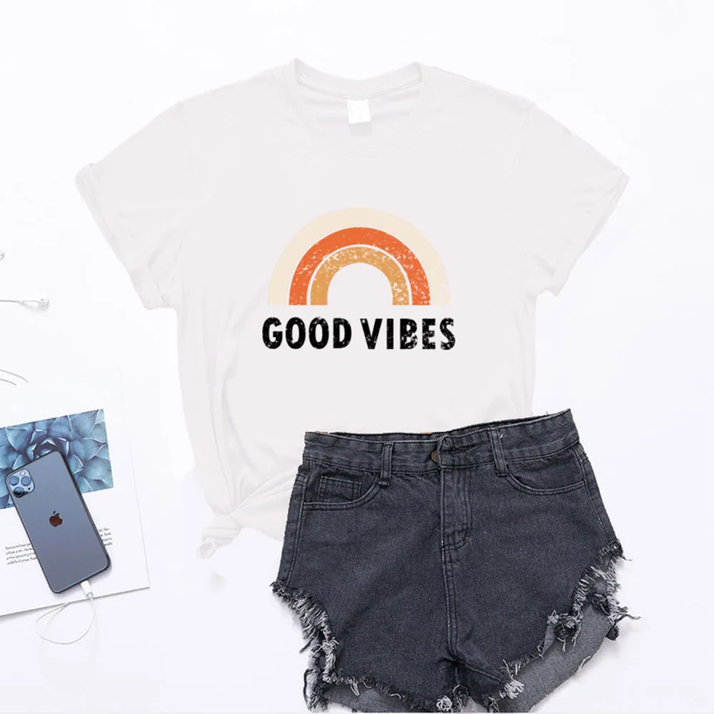 

Spring and Summer New Fashion Rainbow Print Graphic Ladies T-shirt Sports Short-sleeved Pure Cotton Women's Plus Size T-shirt