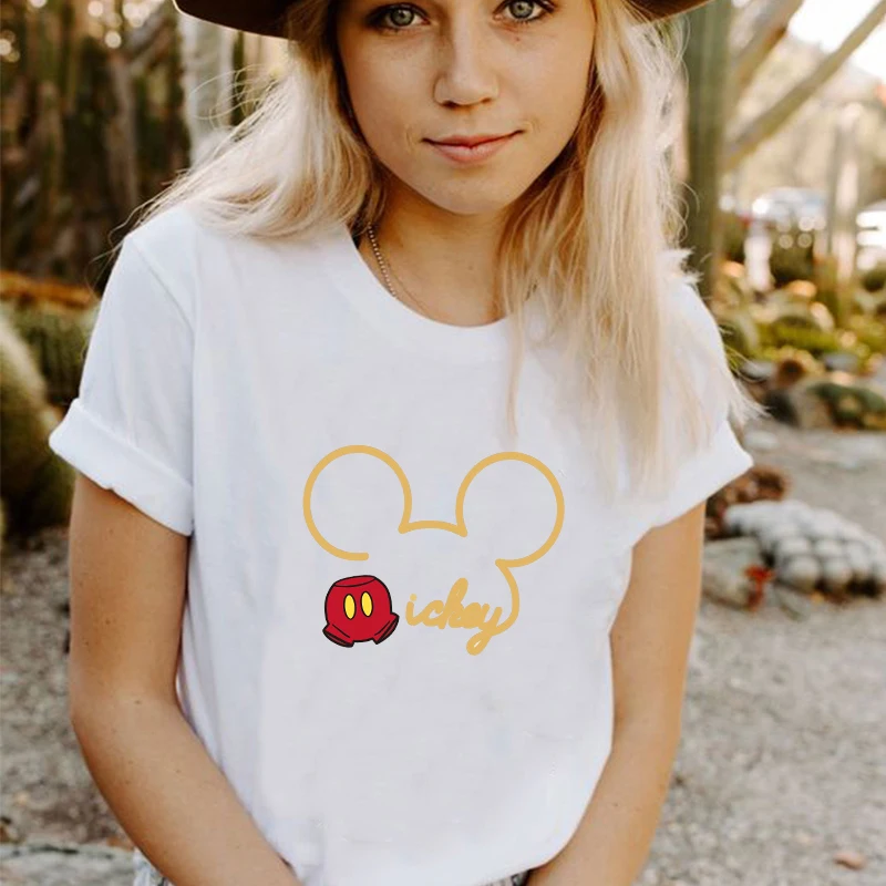 

2021 New Summer Disney Cartoon Casual T-shirt Mickey Mouse Print Pattern Top Short Sleeve Comfortable Breathable Tee