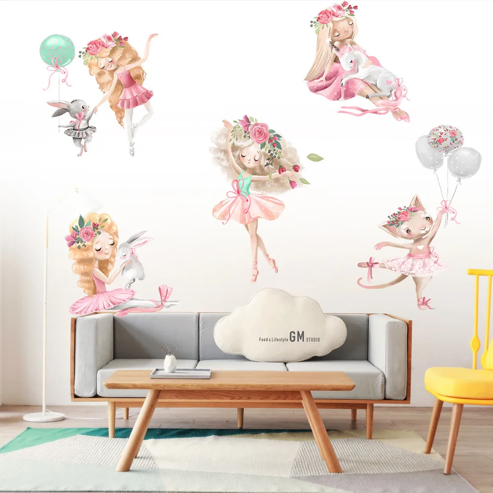 Cute Ballet Girl Bunny Wall Stickers for Girls Kids room Bedroom Wall Decor Self-adhesive DIY Vinyl Decals Home Decoration Mural