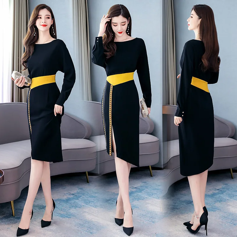 Трендовое удобное платье с круглым вырезом осень 2019 длинное длинными