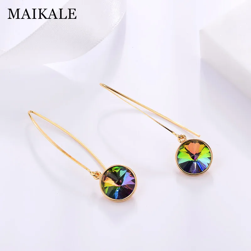 MAIKALE, простые Разноцветные серьги-капли с австрийскими кристаллами, круглые стразы, золото, серебро, длинные серьги с крючками для женщин, ювелирное изделие, подарок - Окраска металла: 14
