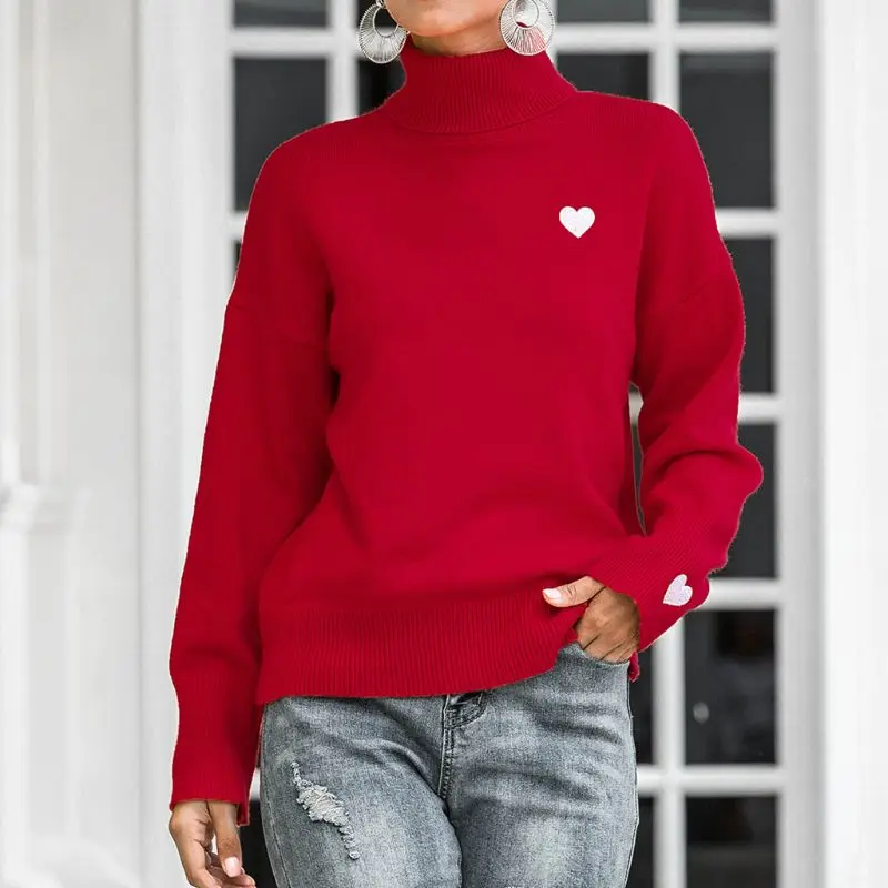 

Womens Autumn Lantern Long Sleeve Sweater Turtleneck Red Heart Embroidered Pullover Tops Casual Loose Holiday Christmas Knitted