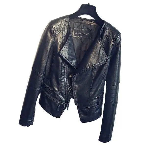 ZWTY Brand Spring Autumn Ladies Motorcycle Leather Jackets  Women Turn-down Collar Zipper Slim Black Moto & Biker Jacket