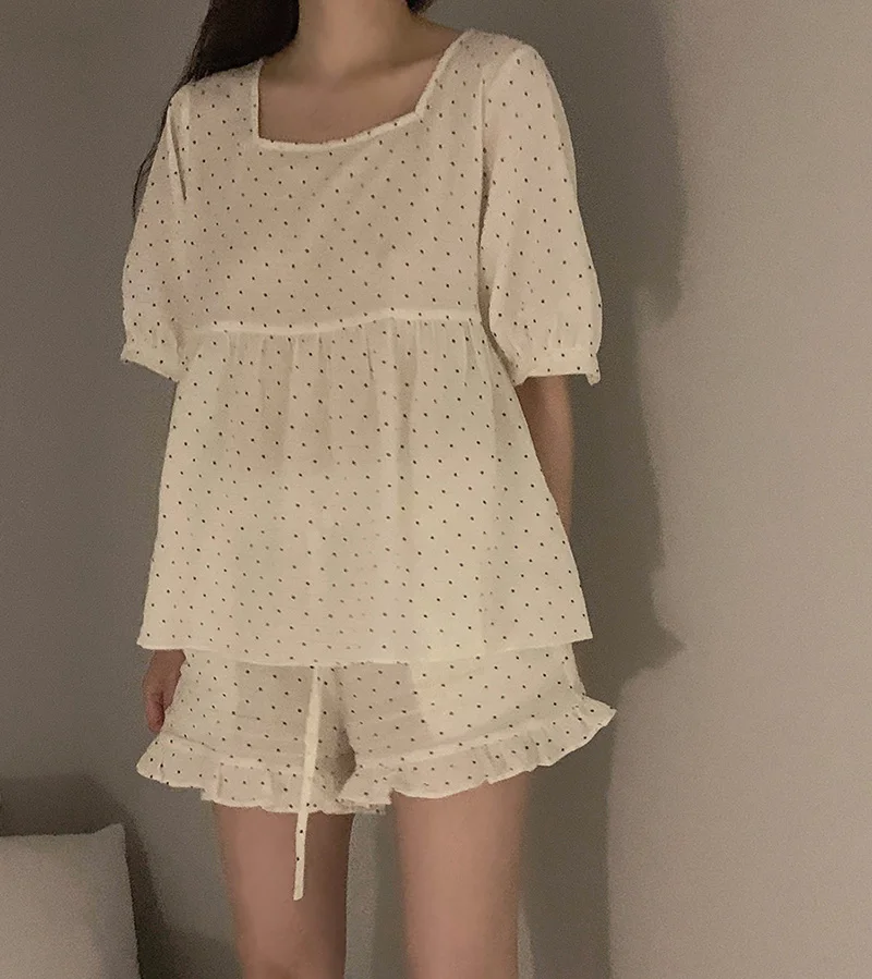 

Polka Dot Summer Pajamas Set Women Square Collar Short Sleeve Shirts + Shorts Set Two Piece Home Suit Cotton Casual Sleepwear