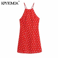 kpytomoa women 2021 chic fashion floral print mini halter dress vintage backless zipper cross thin straps female dresses mujer