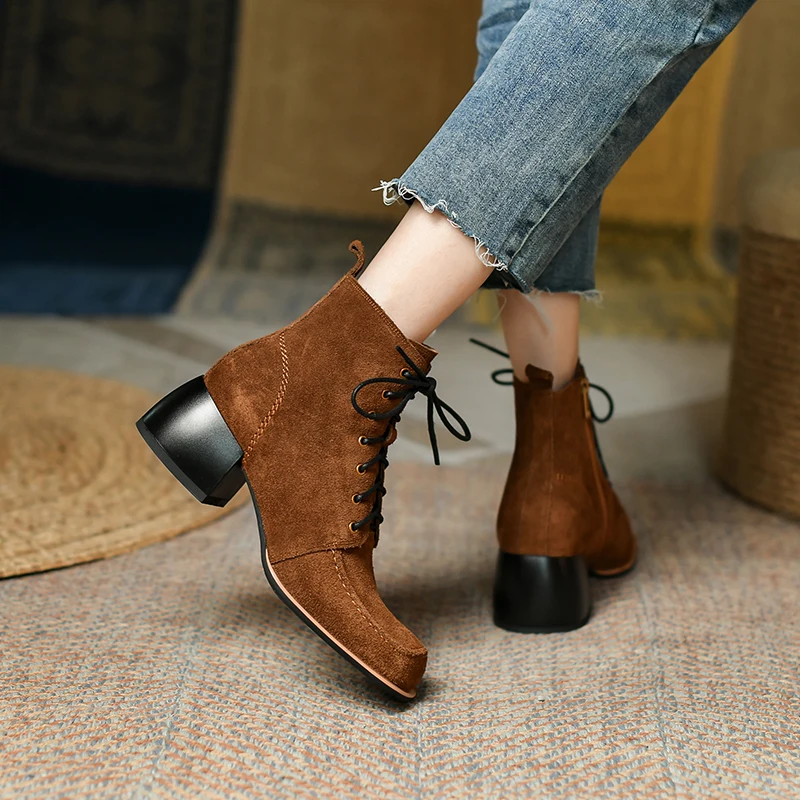 Harga Sepatu Bot Pergelangan Kaki Sepatu Bot Pendek Platform Hak Tinggi Wanita Kulit Suede Sepatu Wanita Sepatu Bot Baru Musim Gugur Musim Dingin Mode 2021 Sepatu Bertali