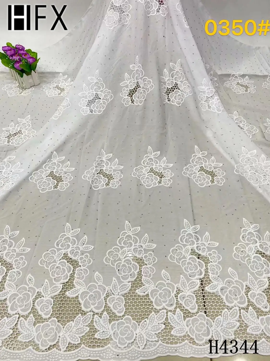 

HFX White African Lace Fabric with stones High Quality Lace Eyelet Chiffon Nigerian Guipure Cord Lace For Wedding dress H4344
