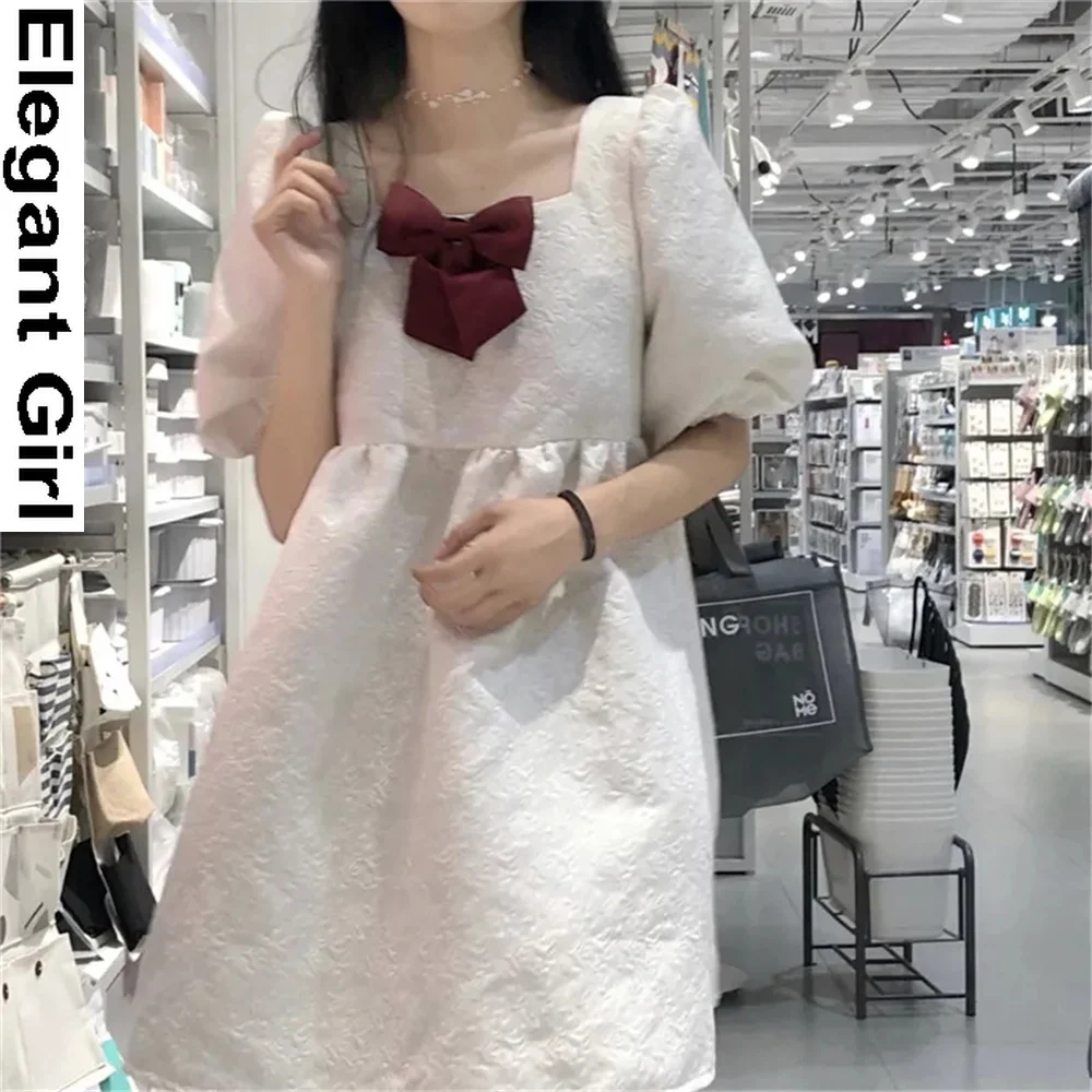

White Sweet Bow Dress Loose Puff Short Sleeves Korean Preppy Style Robe Femme Summer Elegant Square Collar Kawaii Women Clothing
