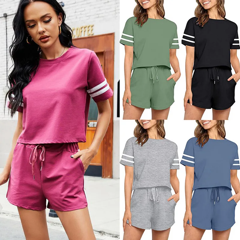 

Stripe Women's Tracksuit Suit Sportswear Women T-shirt Shorts Tracksuits Sets Female 2021 Summer Casual Short Pants Suits
