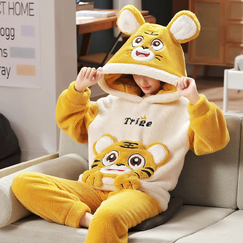 2 Piece Pajama Set Women Winter Autumn Winter Long Sleeved Hooded Cartoon Plus Velvet Padded Home Service Cute Korean Pajamas
