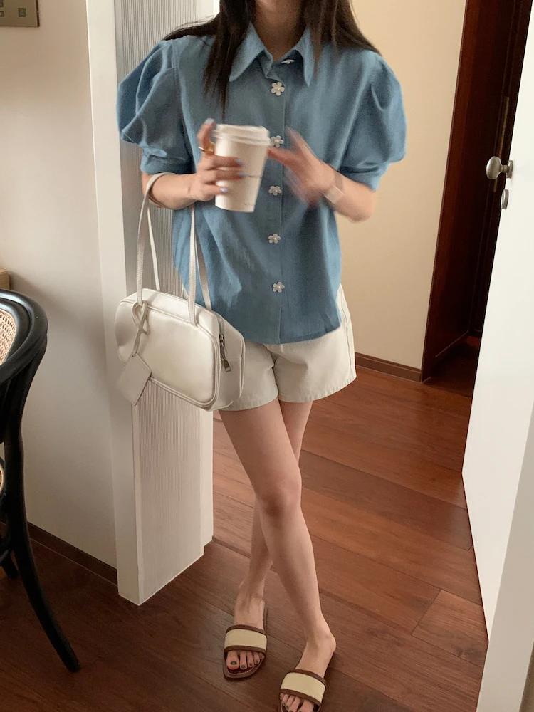 

Korejpaa Women Shirt 2021 Summer Korean Fresh Temperament Lapel Chic Button Embellishment Design Loose Puff Sleeve Denim Blouses