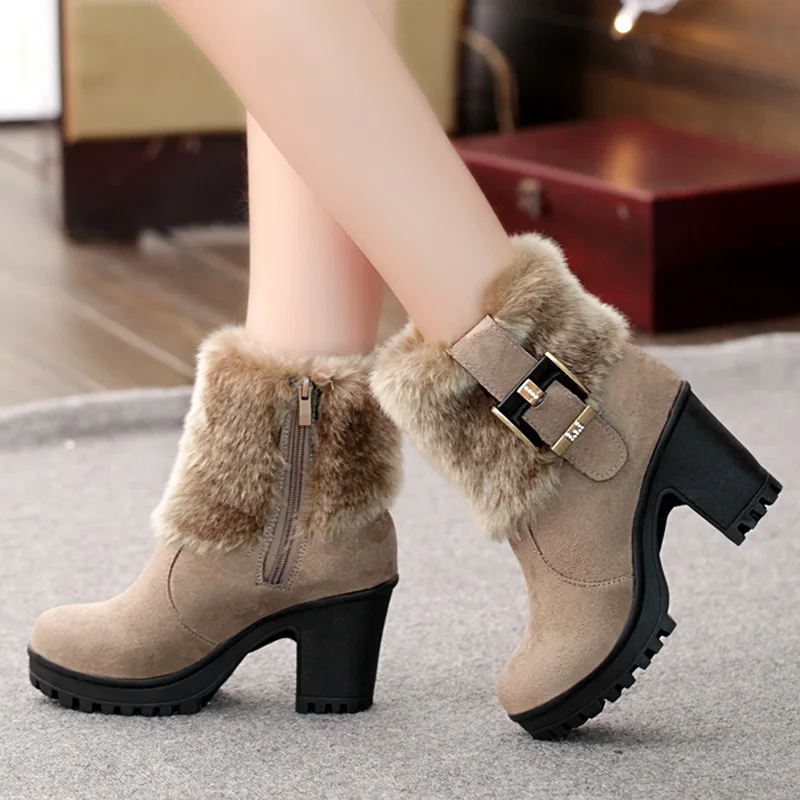

2020 Square Heel Women Shoes Winter Classic Fur Buckle Warm Snow Ladies Boots Black High Heels Platform Ankle Boots Women Botas