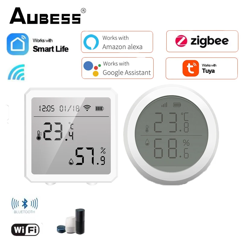 

Датчик температуры и влажности Tuya Wi-Fi ZigBee, сенсор с ЖК-экраном для умного дома, работает с Alexa Google Zigbee Gateway Hub