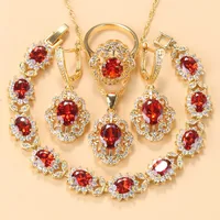 Dubai Gold Colors Wedding Accessories AAA+ Red Garnet Bridal Jewelry Sets For Women Charm Bracelet And Ring Sets 1