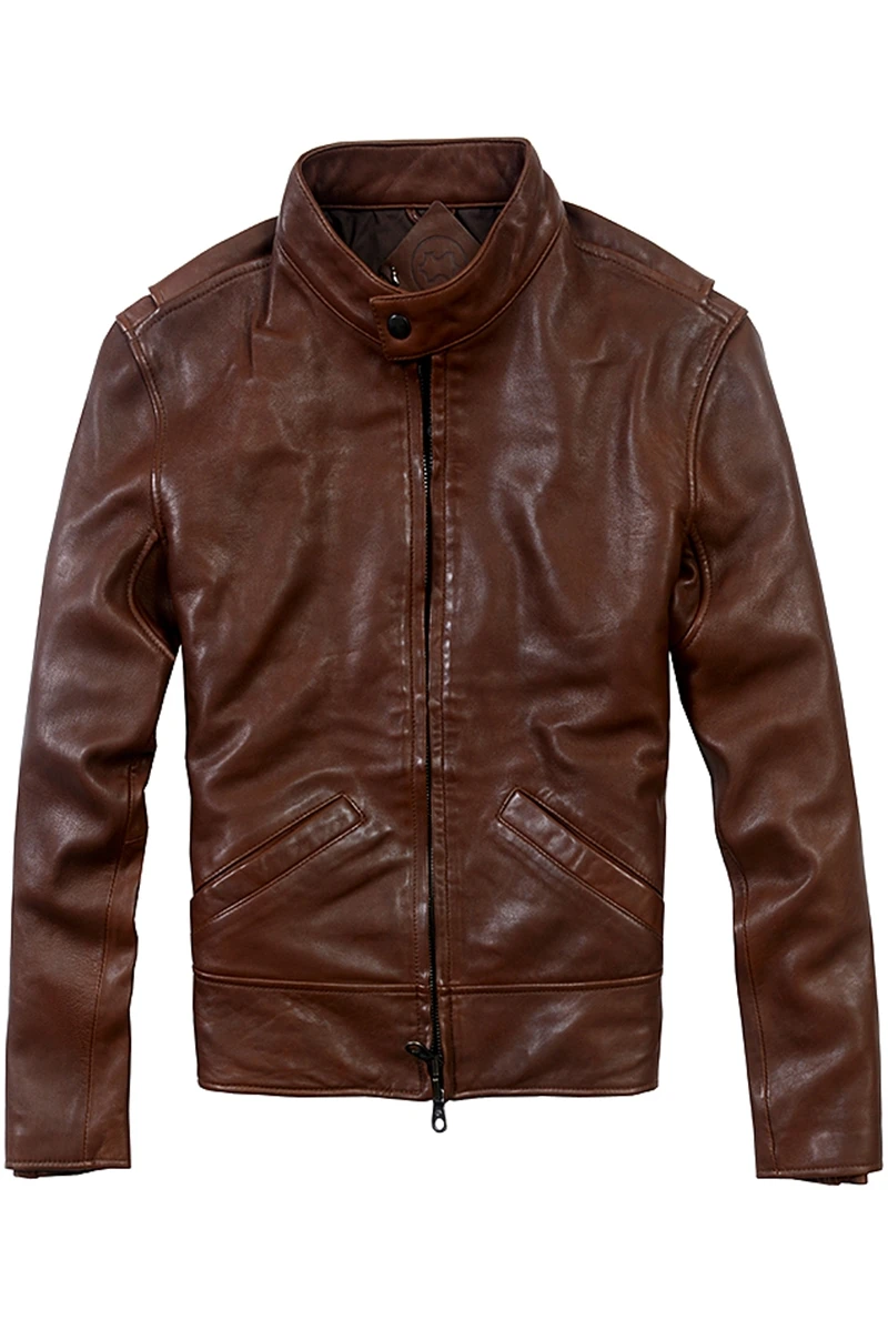 

2021 men's stand collar genuine smart casual sheepskin leather coat men slim fit biker jacket male simple style