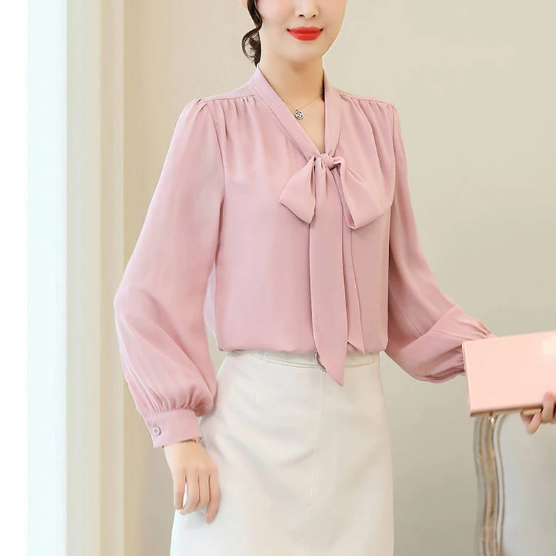 

HStar Women Chiffon Blouse 2020 Spring Autumn Bow Tie Long Sleeve Blouses Korean Office Ladies Tops Streetwear Shirt