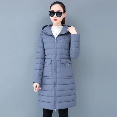 Fog blue Новинка, зимняя женская куртка, плюс размер, 3XL, женские парки, теплая верхняя одежда, одноцветные пальто с капюшоном, Длинная женская тонкая хлопковая Базовая куртка - Цвет: Fog blue