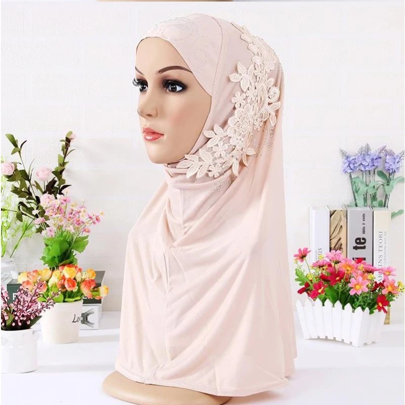 H027 красивый мусульманский хиджаб для девочки с кружевными цветами Натяжной шарф