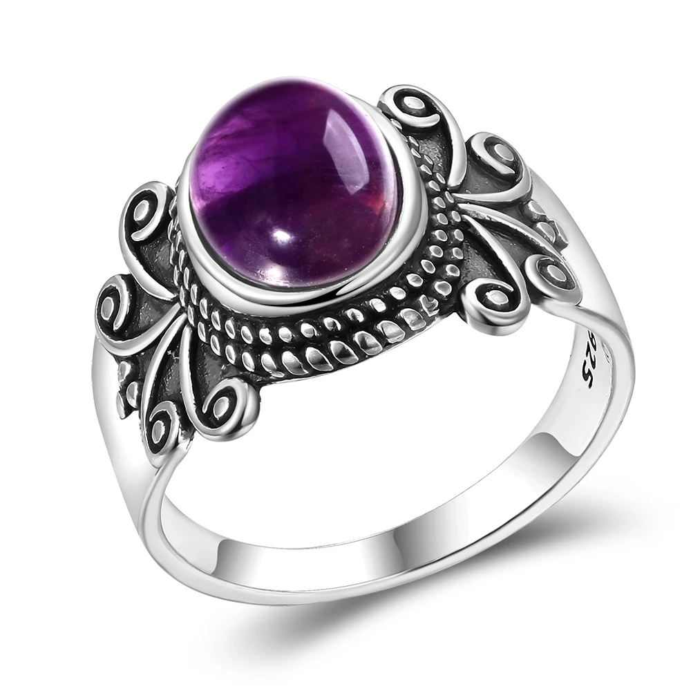 

Oval Natural Amethyst 925 Sterling Silver Rings for Women Antique Silver Rings Jewelry for Party Birthday Gift Fine Jewelry