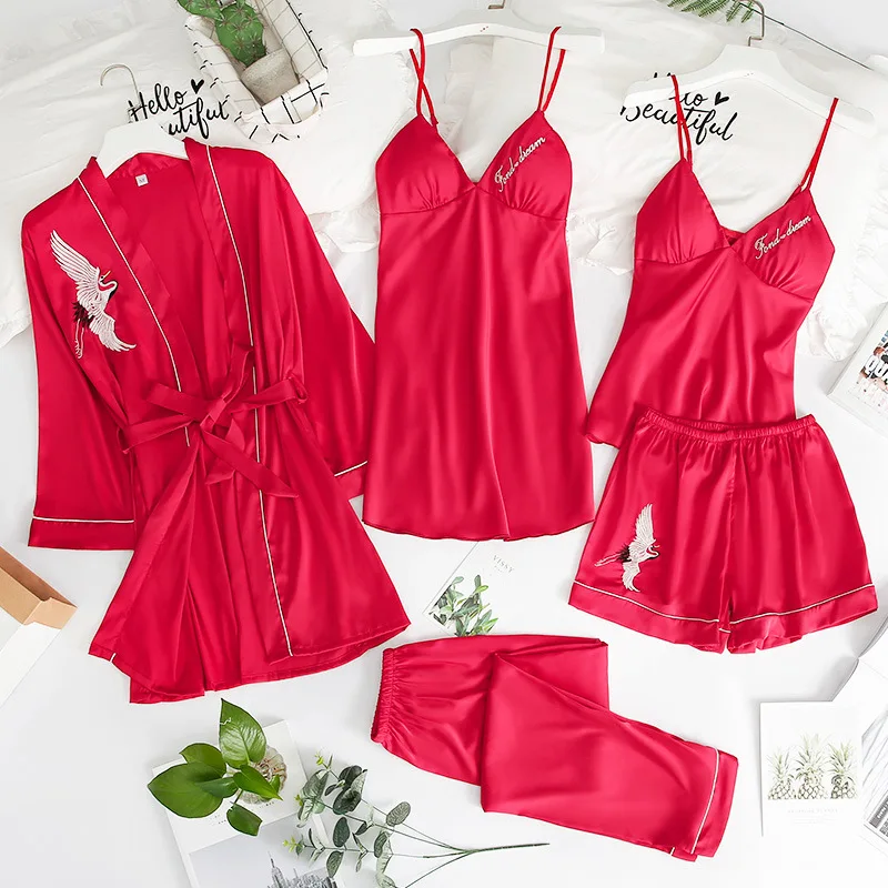 

5 шт., Женский пижамный комплект, пижама из искусственного шелка с вышивкой, банный халат, Встроенная Подкладка на груди, домашняя одежда на б...